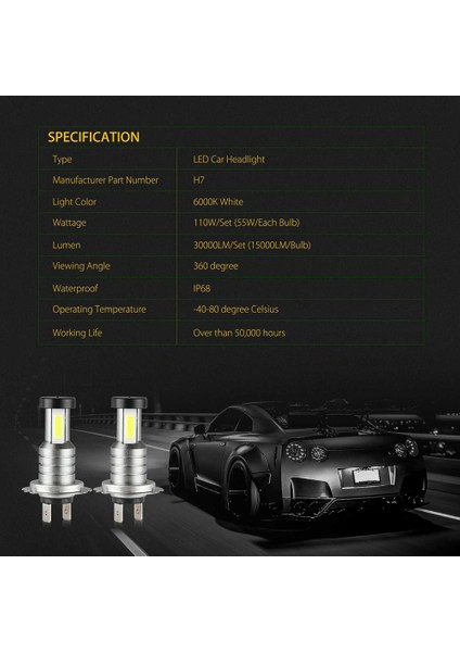 4x H7 LED Far Ampul Kiti Yüksek Düşük Huzmeli 100W 30000LM Süper Parlak 6000K Beyaz (Yurt Dışından)
