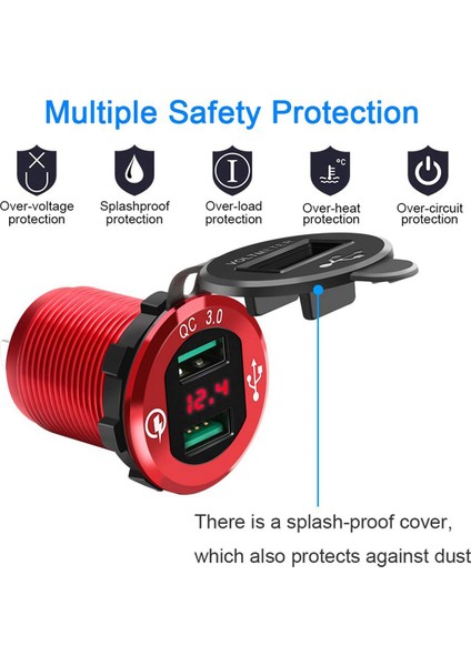 3x Hızlı Şarj 3.0 USB Şarj Soketi, 12V/24V Çift USB Araç Güç Çıkışı LED Voltmetre ile Su Geçirmez Çakmak (Yurt Dışından)