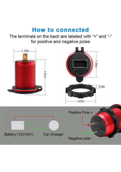 3x Hızlı Şarj 3.0 USB Şarj Soketi, 12V/24V Çift USB Araç Güç Çıkışı LED Voltmetre ile Su Geçirmez Çakmak (Yurt Dışından)