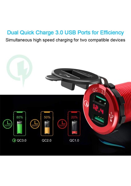 3x Hızlı Şarj 3.0 USB Şarj Soketi, 12V/24V Çift USB Araç Güç Çıkışı LED Voltmetre ile Su Geçirmez Çakmak (Yurt Dışından)