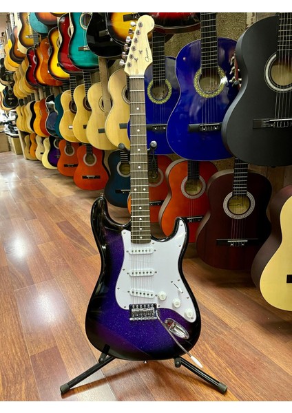 3 Sıngle Simli Mor Elektro Gitar-Kılıf Kablo Pena Dahil