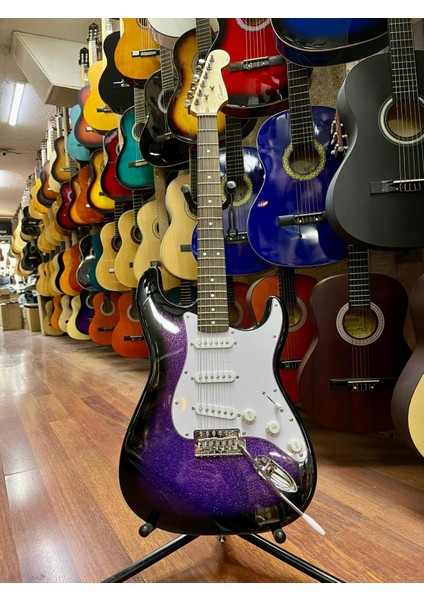 3 Sıngle Simli Mor Elektro Gitar-Kılıf Kablo Pena Dahil