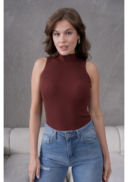Kadın Fitilli Kolsuz Triko Badi Likralı Body 253101