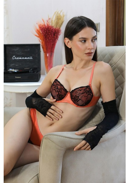 Kadın Destekli Desenli Sütyen Takım 3913 Turuncu