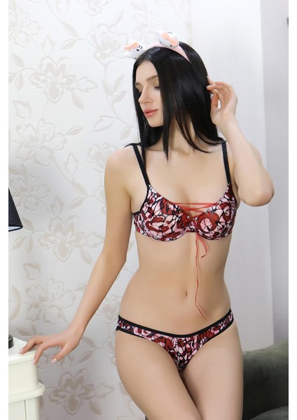 Kadın Destekli Desenli Sütyen Takım 3901 Bordo