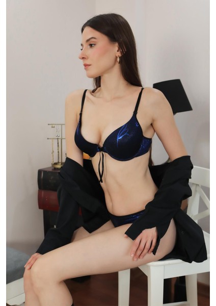 Kadın Destekli Desenli Sütyen Takım 3704 Mavi