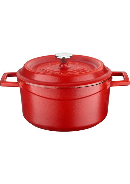 Menashop Spring Serisi - Döküm Tencere, Yuvarlak, 20 Cm, Mat Emaye, Parlak Siyah Taban, Kırmızı