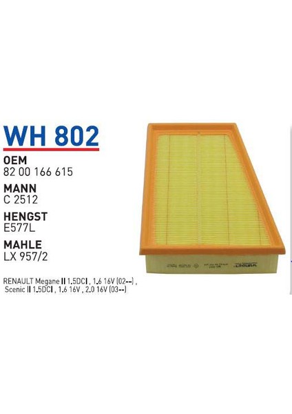 Wh802 Oem 8200166615 Renault Megane II 1.5 Dci 1.6 16 V Hava Filtre
