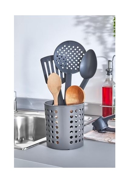 Menashop Silindir Kaşıklık Tezgah Üstü Servis Standı, Delikli Plastik Kaşıklık Siyah
