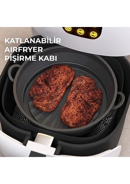 Menashop Katlanabilir Airfryer Pişirme Kabı, Silikon Pişirme Kalıbı, 6 Litreye Kadar Tüm Cihazlara Uygun (1 Adet) (Siyah)