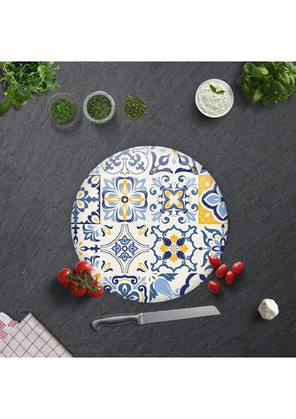Mavi Çini Desen | Cam Kesme Tahtası (ÇAP32 Cm)
