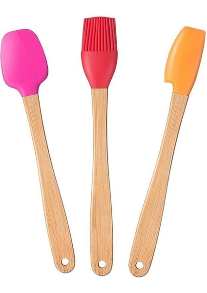 Indigo 3'lü Renkli Bambu Saplı Silikon Uçlu Spatula Fırçalı Kaşık Seti VS-310MS