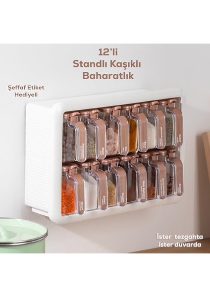 1119 12LI Standlı Kendinden Yapışkanlı Kaşıklı Kapaklı Baharatlık Saklama Kabı Seti - Beyaz Gold
