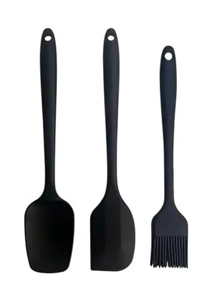 Siyah Silikon Mutfak Aletleri Seti, 2 Spatula ve 1 Fırça, 3 Parça