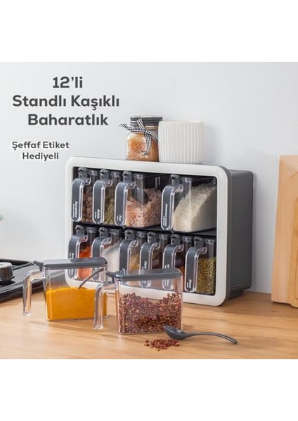 1118 12LI Standlı Kendinden Yapışkanlı Kaşıklı Kapaklı Baharatlık Saklama Kabı Seti - Antrasit Beyaz
