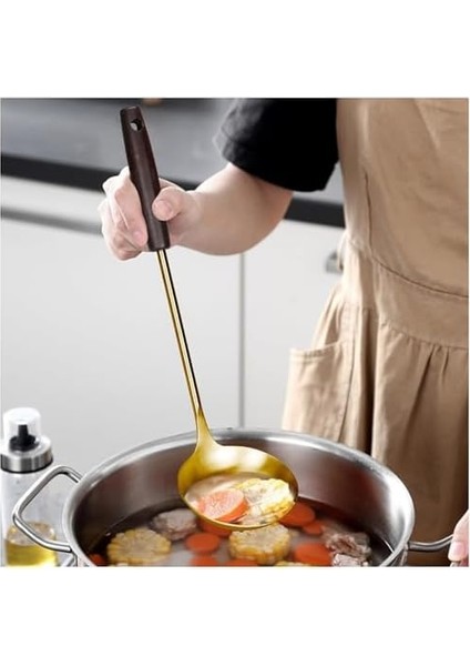 4 Adet Mutfak Pişirme Seti - Uzun Ahşap Saplı Paslanmaz Çelik 4 Parça Mutfak Spatula, Kevgir, Kepçe Mutfak Yemek Seti Lüks Pişirme Spatula,kevgir, Kepçe Seti