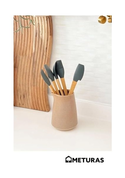 Bambu Saplı 5'li Silikon Mutfak Seti - Isıya Dayanıklı Spatula, Kaşık ve Kepçe Takımı, Şık ve Asılabilir Tasarım