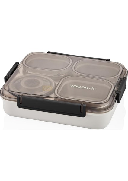 Bento 1200ML Lunchbox Tek Katlı 4 Bölmeli ve Kaseli Çelik Sefer Tası Yemek Kutusu (Siyah)