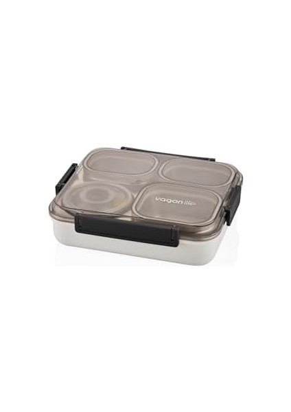 Bento 1200ML Lunchbox Tek Katlı 4 Bölmeli ve Kaseli Çelik Sefer Tası Yemek Kutusu (Siyah)