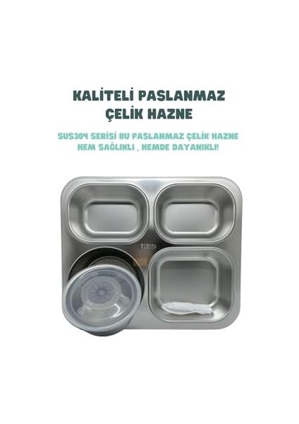 Bento 1200ML Lunchbox Tek Katlı 4 Bölmeli ve Kaseli Çelik Sefer Tası Yemek Kutusu (Siyah)