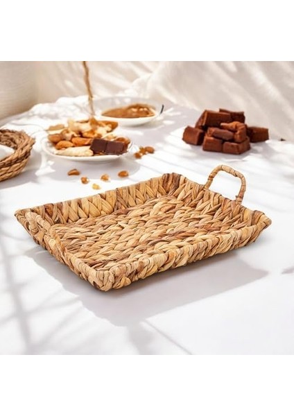 El Yapımı Su Sümbülü Hasır Kulplu Dekoratif Tepsi Büyük Boy (32CM*25CM*4CM) modelleri