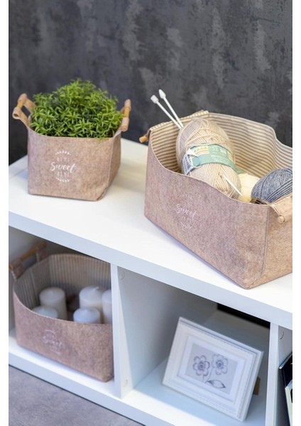 Keçe Tahta Saplı Düzeleyici Sepet - Çok Amaçlı Saklama Organizer Kutu Maxi Kahverengi 25X18X15CM -