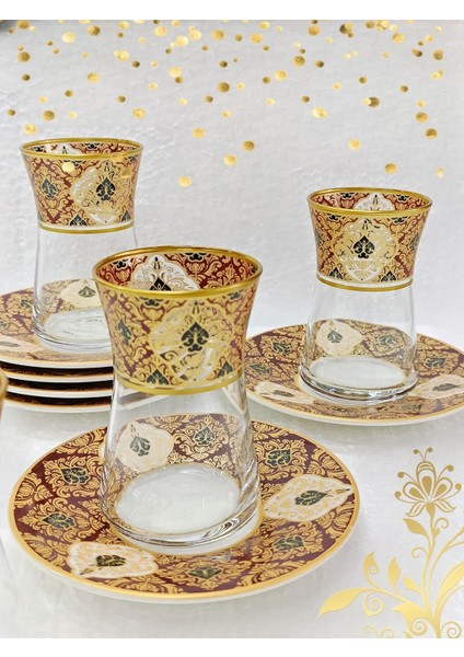 Altın Bordo Desenli Cam Porselen Çay Seti 6 Kişilik Tea Set For 6 Persons Premium Porcelain