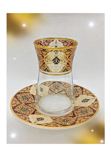 Altın Bordo Desenli Cam Porselen Çay Seti 6 Kişilik Tea Set For 6 Persons Premium Porcelain