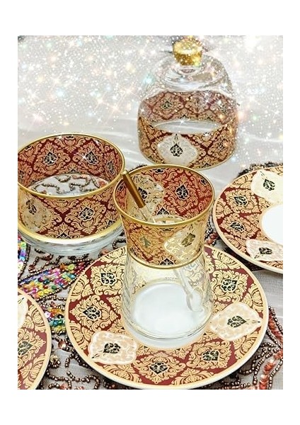 Altın Bordo Desenli Cam Porselen Çay Seti 6 Kişilik Tea Set For 6 Persons Premium Porcelain
