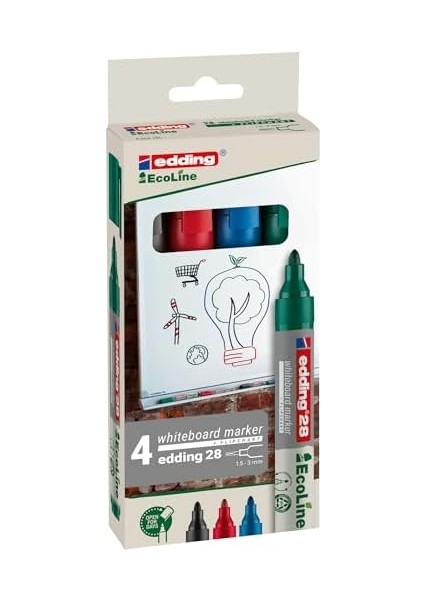28 Ecoline Beyaz Yazı Tahtası Kalemi, 4'lü Set, Karışık Renkler, Yuvarlak Uç, Yeniden Doldurulabilir