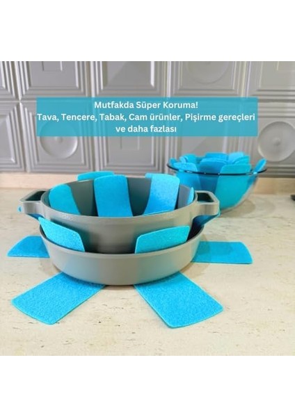 Menashop 12 Adet Tencere Tava Koruyucu Düzenleyici Çizilme Önleyici Set Turkuaz
