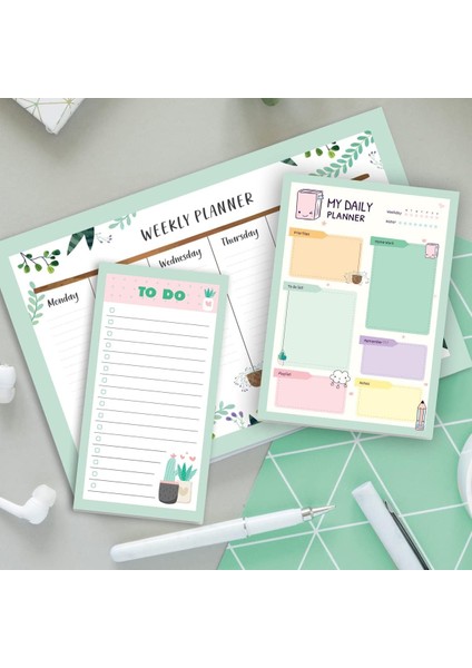 Haftalık, Günlük Planlayıcı Set - 50 Sayfa Tarihsiz Masaüstü Planner - Gençler, Kızlar, Yetişkinler Için To Do List - 3 Parça - Green Serisi