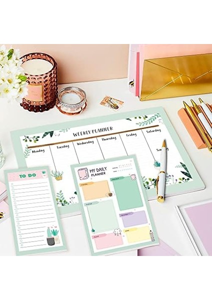 Haftalık, Günlük Planlayıcı Set - 50 Sayfa Tarihsiz Masaüstü Planner - Gençler, Kızlar, Yetişkinler Için To Do List - 3 Parça - Green Serisi modelleri