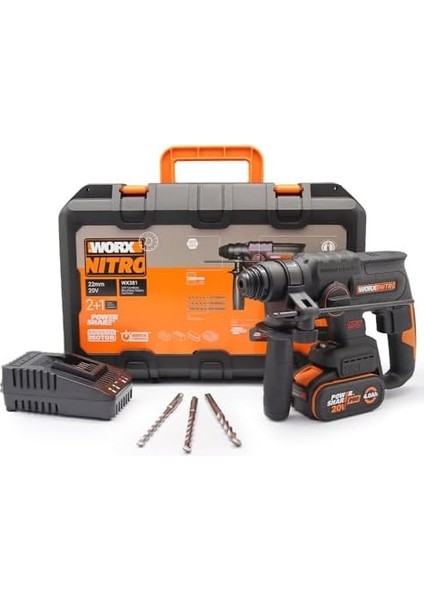 WX381 20VOLT 4.0AH. 2j Li-Ion Tek Akülü Şarjlı Profesyonel Sds-Plus Pnömatik Kırıcı/delici + 3 Parça Delme Ucu modelleri