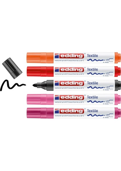 4500 Tekstil Kalemi - Siyah, 2x Kırmızı, Turuncu, Pembe - 5'li Set - 2-3 mm Yuvarlak Uç