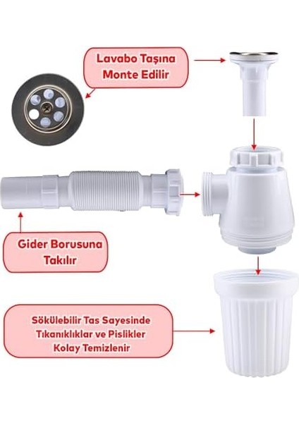 Sifon Körüklü Sökülebilir Tas'lı Temizlenebilir Mutfak Banyo Lavabo Taşı Gider Borusu Plastik 38 cm