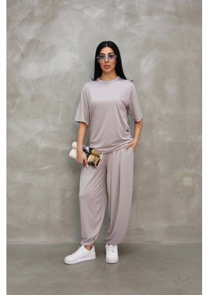 Osy Modal Yumuşak Dokulu Kumaş Oversize Bisiklet Yaka T-Shirt Jogger Eşofman Altı Eşofman Takımı - Gri