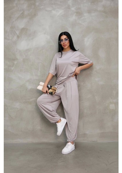 Osy Modal Yumuşak Dokulu Kumaş Oversize Bisiklet Yaka T-Shirt Jogger Eşofman Altı Eşofman Takımı - Gri