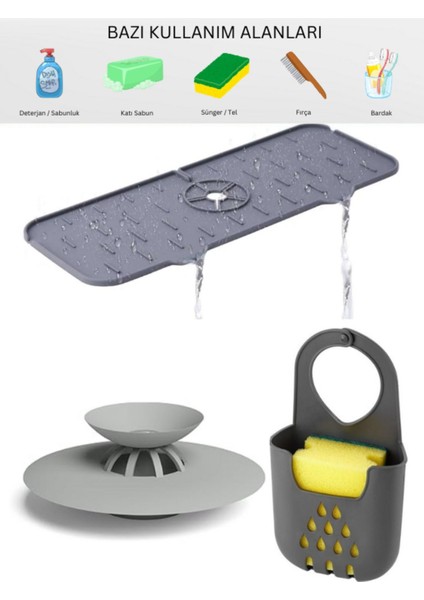 Silikon Banyo ve Mutfak Lavabo Seti 3'lü Musluk Matı Lavabo Süzgeci Askılı Süngerlik Düzenleyici