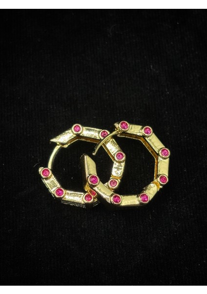 Xupıng Jewelry Pembe Taşlı Altın Kaplama Geometrik Halka Küpe