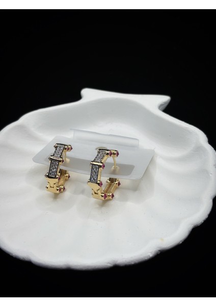 Xupıng Jewelry Pembe Taşlı Altın Kaplama Geometrik Halka Küpe fiyatları