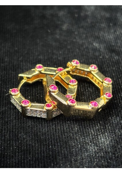 Xupıng Jewelry Pembe Taşlı Altın Kaplama Geometrik Halka Küpe indirimleri