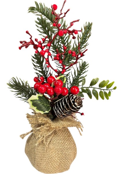 Menashop Dekoratif Çam Dalı ve Kozalak Aranjmanı, Kırmızı Kokina Çiçekleri, Jüt Kumaş Taban, 30 cm