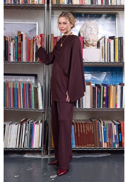 Acı Kahve Atkılı Tunik & Bol Paça Pantolon Takım