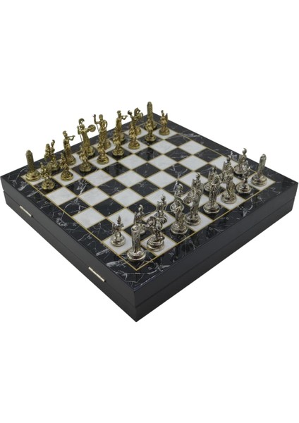 Orta Boy Metal Yunan Satranç Takımı Parlak ve Mermer Desenli Sandıklı Mdf (36 x 36 x 6 Cm.)