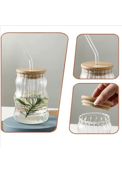 500ML Bambu Kapaklı Cam Bardak, Cam Pipetli Silikon Kapak Contalı Desenli Sıcak Soğuk Içecekler Kahve Meyve Suları ve Çayları Için Şık Ergonamik Tasarım