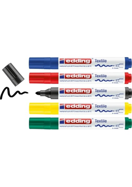 4500 Tekstil Kalemi - Siyah, Kırmızı, Mavi, Yeşil, Sarı - 5 Adet. - 2-3 mm Yuvarlak Uç