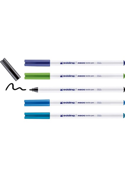MenaRise 4600 Tekstil Kalemi - Siyah, Mavi, Açık Mavi, Açık Yeşil, Şark Mavisi - 5'li Set - Yuvarlak Uç 1 mm - Tekstil Üzerine Çizim Yapmak Için Kalıcı Kumaş Kalemler, 60°c'ye Kadar Yıkamaya Dayanıklı