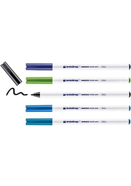 MenaRise 4600 Tekstil Kalemi - Siyah, Mavi, Açık Mavi, Açık Yeşil, Şark Mavisi - 5'li Set - Yuvarlak Uç 1 mm - Tekstil Üzerine Çizim Yapmak Için Kalıcı Kumaş Kalemler, 60°c'ye Kadar Yıkamaya Dayanıklı