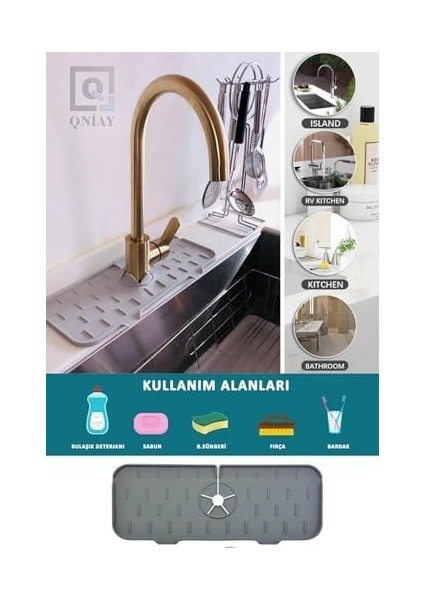 Menashop Pratik Musluk Matı Mutfak ve Banyo Koruyucu Musluk ve Lavabo Matı Musluk Tezgah Evye Üstü Su Tutucu